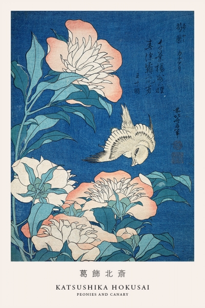 Katsushika Hokusai - Peonies and Canary Variante 1 | 30x45 cm | Premium-Papier